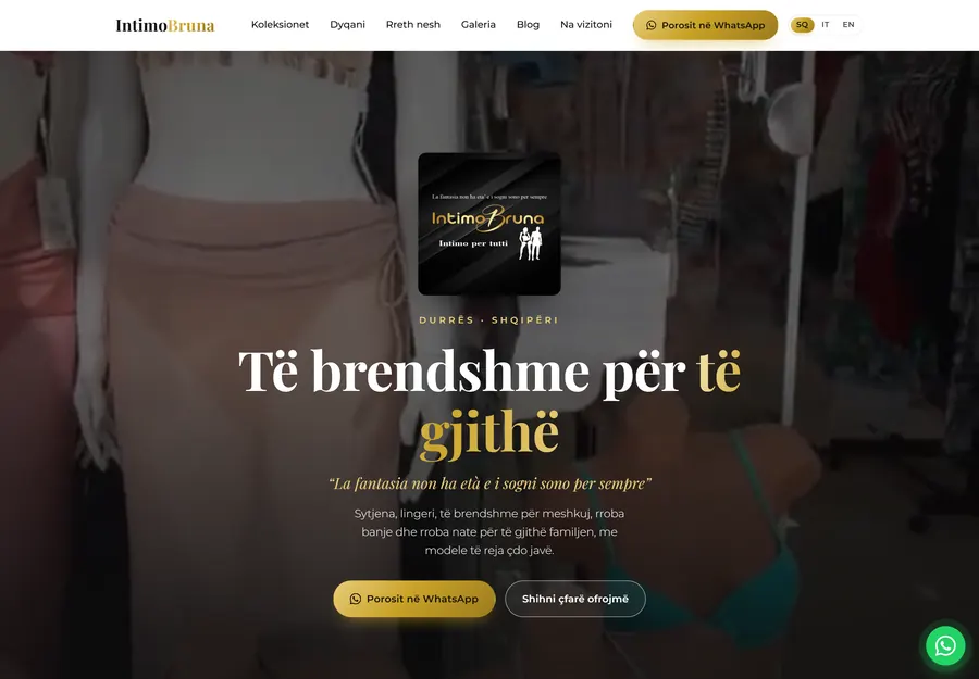 The Intimo Bruna homepage, a logo card and a headline over a photograph of the inside of the shop