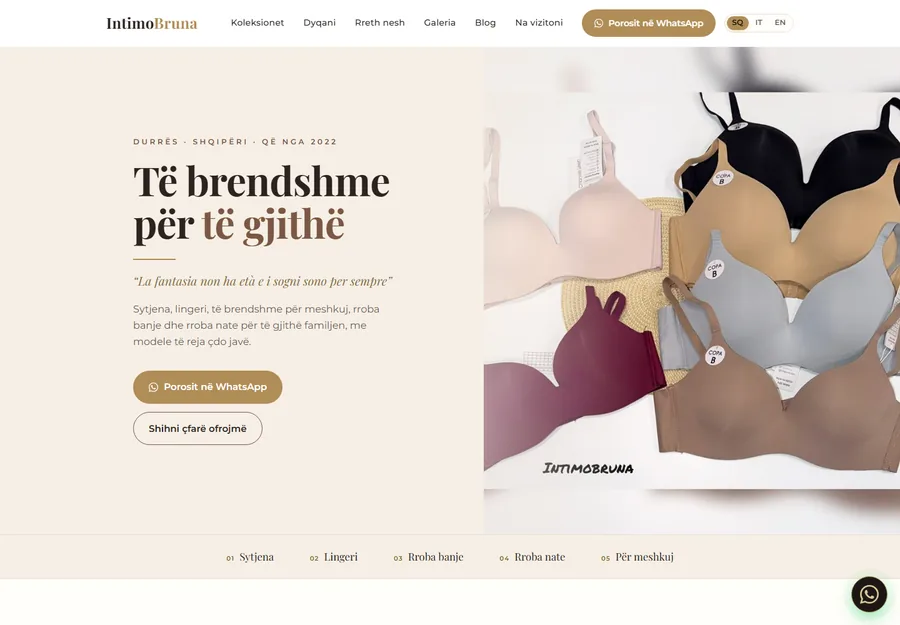 The Intimo Bruna homepage, a headline on linen beside a photograph of bras in natural tones
