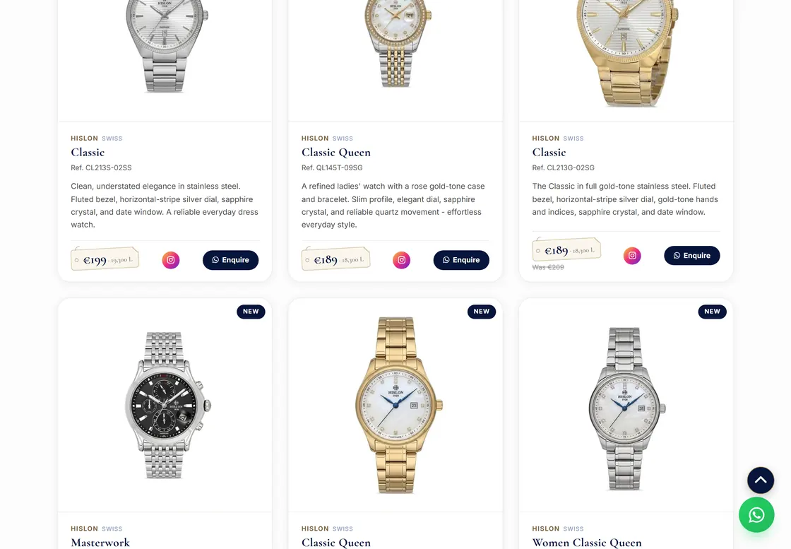 The Iglisi Watch shop page, showing watches for sale with prices in euro and lek