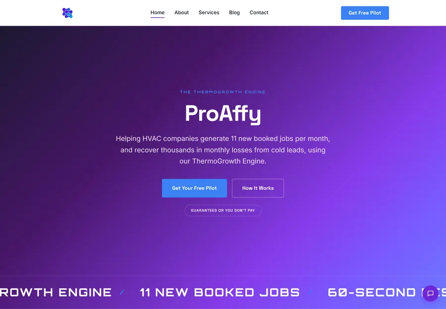 The ProAffy homepage, a conversion-focused layout for heating and cooling lead generation
