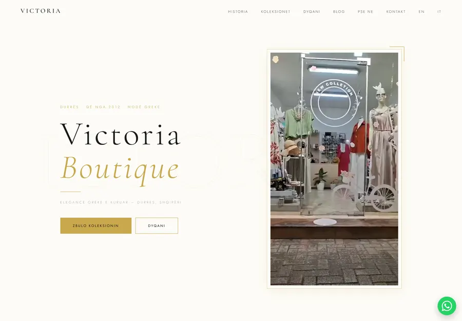 The Victoria Boutique homepage, an editorial layout with the shop photographed