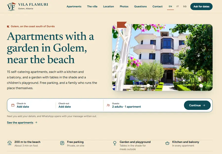 The home page of a holiday apartment site, with a photograph of the house and a bar asking for arrival dates